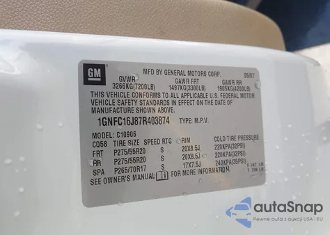 2007 Chevrolet Suburban 1500 Ltz z USA, uszkodzony, nr VIN 1GNFC16J87R403874